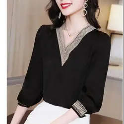 2024 Spring New Style Women's V-neck Chiffon Shirt Long Sleeve Western Style Small Shirt Fashion Versatile Bottom Top