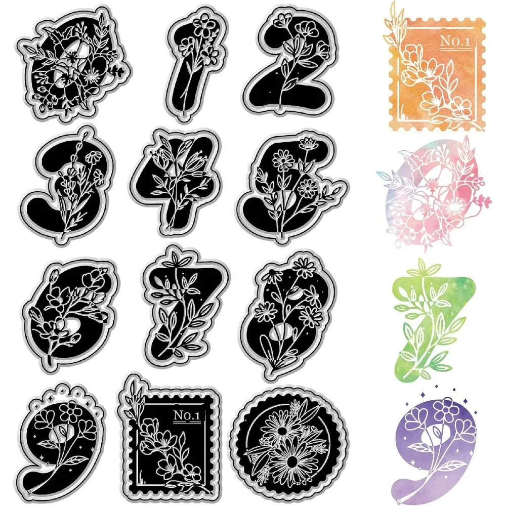 0-9 Numbers Clear Rubber Stamps Postmark Flowers Vintage Reusable Transparent Silicone Stamp Seals for Journaling Card Making