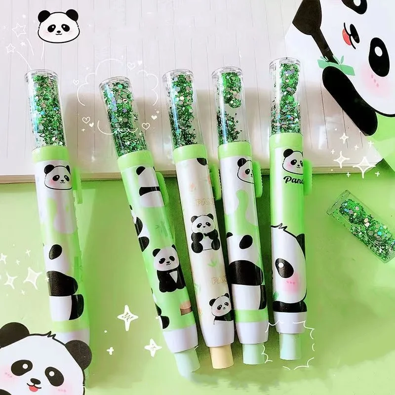 24pcs/lot Creative Panda Quicksand Pencil Eraser Cute Writing Drawing Rubber Pencil Erasers Stationery Gifts School Supplies