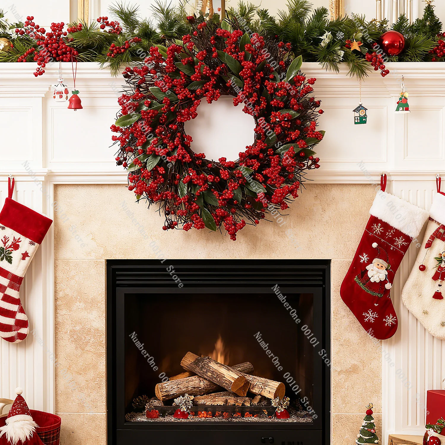 Artificial Holly Christmas Simulation Green Leaf Red Fruit Wreath Home Door Hanging Ornament
