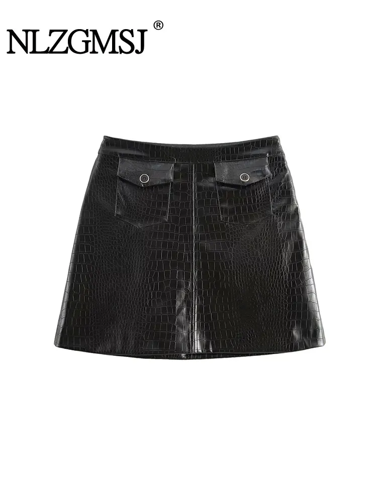 

2024 Winter Woman Artificial Leather Mini Skirt Fashion Pocket Skirts For Women Streetwear Y2K Casual Short Skirts
