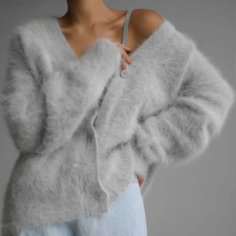 2025 Autunno e Inverno Moda Nuove donne Elegante cardigan in pelliccia di visone lavorato a maglia monopetto con scollo a V caldo giacca maglione allentato