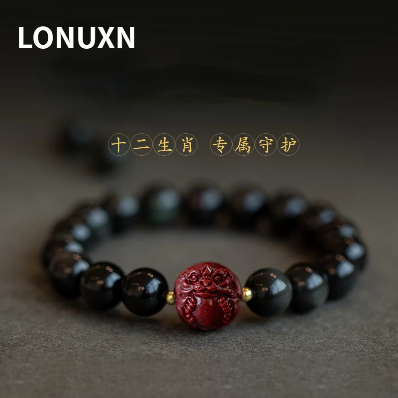 

Natural Cinnabar Natural Crystal Black Agate Obsidian 12 Zodiac Bracelet Fashion Jewelry Hand Carved Bracelet Men Women Gift