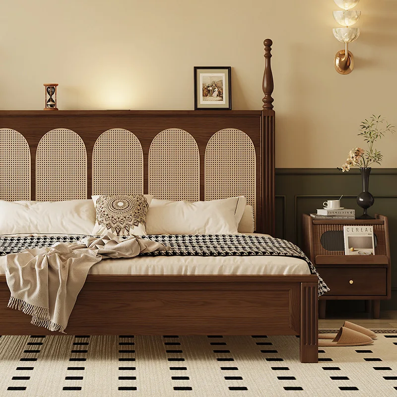 Cama de madeira maciça de nogueira, cama moderna e simples de madeira maciça