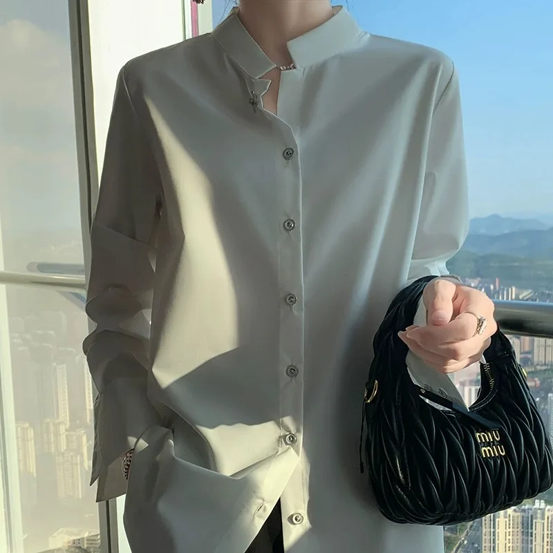 เสื้อคลุมคาร์ดิแกนผู้หญิงสีพื้น แขนยาว คอตั้ง สไตล์ลำลอง ผ้าคุณภาพสูง สำหรับฤดูใบไม้ร่วง ปี 2025