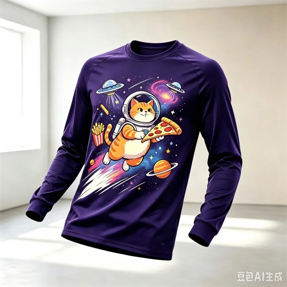 Novelty Cartoon Space Cat Astronaut Pattern 3D Print Men Long Sleeve T-Shirt Fashionable Casual Breathable Quick-drying Top Tees