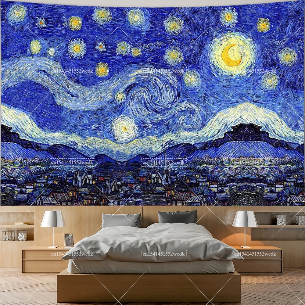 Vincent Van Gogh Starry Night Painting Tapestry Mountains River Landscape Tapestry Aesthetic Room Decor Posters Wall Tapestries