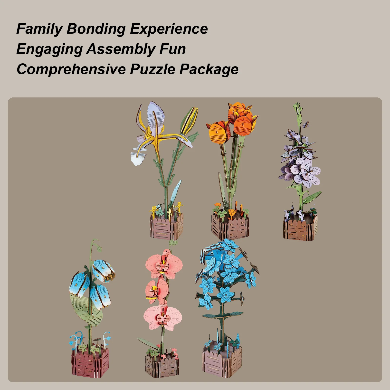 

3D Flower Puzzle Flower Building Set Wooden Puzzle for Kids Home Decor Relaxation Shelf Display Table Centerpiece