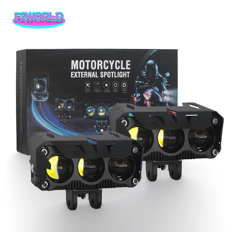 

Фары для мотоцикла с 3 линзами, светодиодные лампы для работы, двухцветные фары ближнего/дальнего света, мигающие противотуманные фары, белые/желтые светодиодные фары для мотоцикла