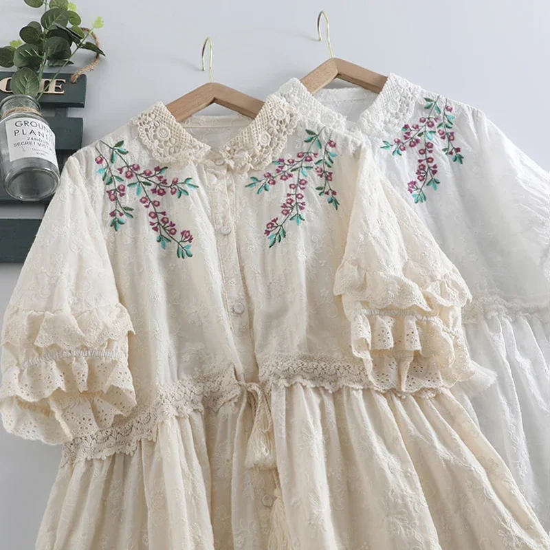 Summer New Sweet Embroidered Dress Women Short Sleeve Single Breasted Dress 923-29