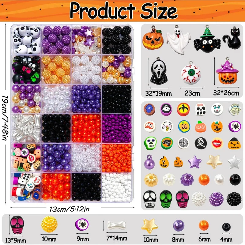 Halloween Mixed Bead Box, Purple Orange Black Beads & Cartoon Charms, DIY Bracelet Kit for Handmade Jewelry Pendant
