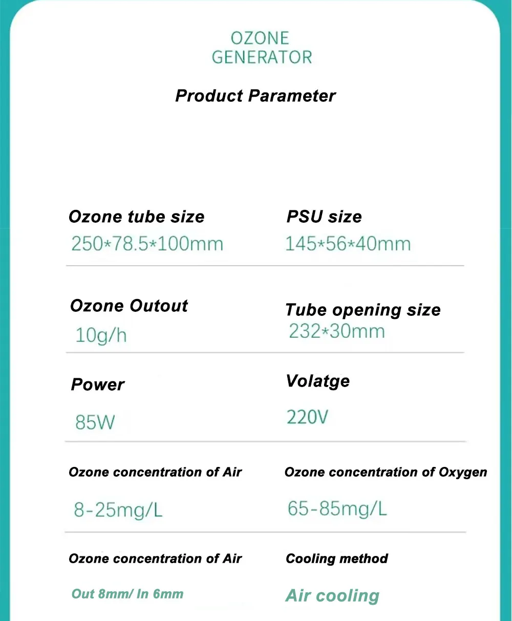 10G luftgekühlter Keramikrohr Ozongenerator Keramikrohr Ozongenerator Keramikrohr für Wassertilisator Reiniger Desinfektion – Detail 11