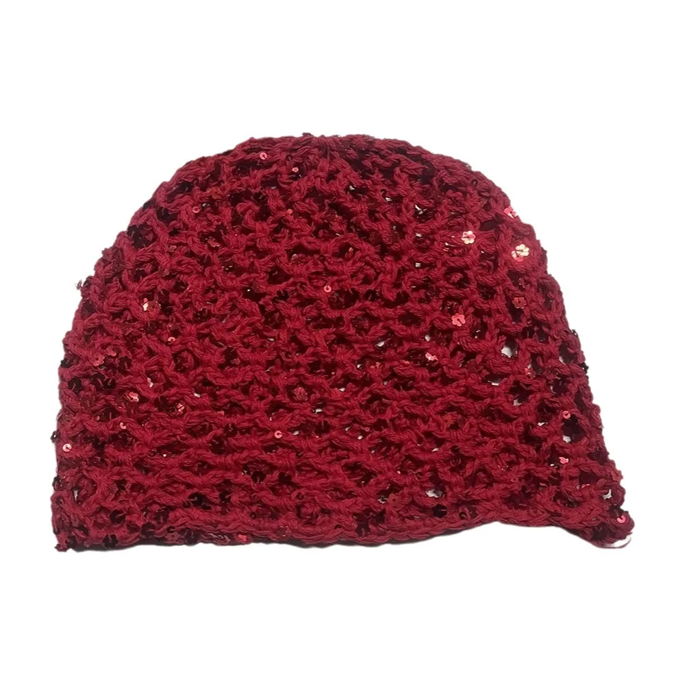 Fashion Hollow Knit Hollowed Out Beanie Hat Breathable Fringed Crochet Sequined Hat Korean Style Sequined Weave Cap Women