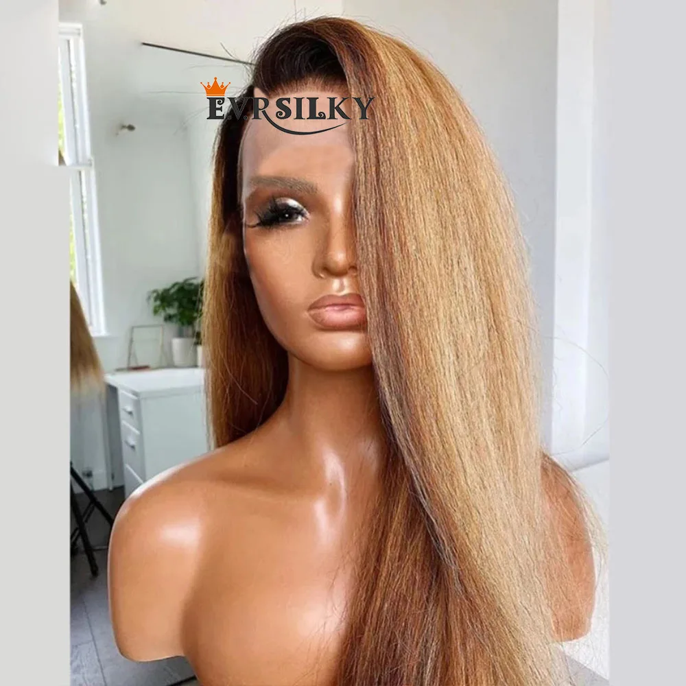 Ombre Honey Blonde V Part Wigs Yaki Straight Unprocessed 100% Human Hair Glueless Kinky Straight U Shape Wig Full End None Lace