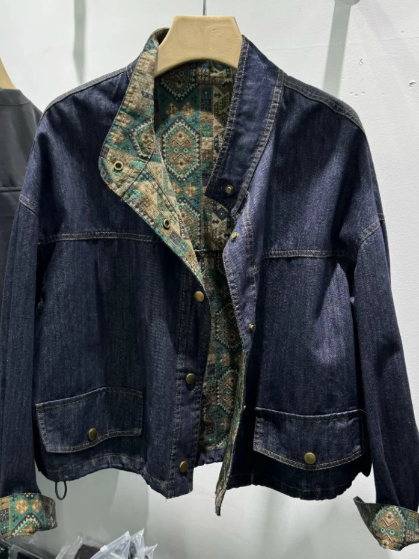 

Loose Printed Denim Jaet Stand Collar Turn-down Collar Women's Top Faion Versatile Autumn Outerwear Ladies' ort Coat