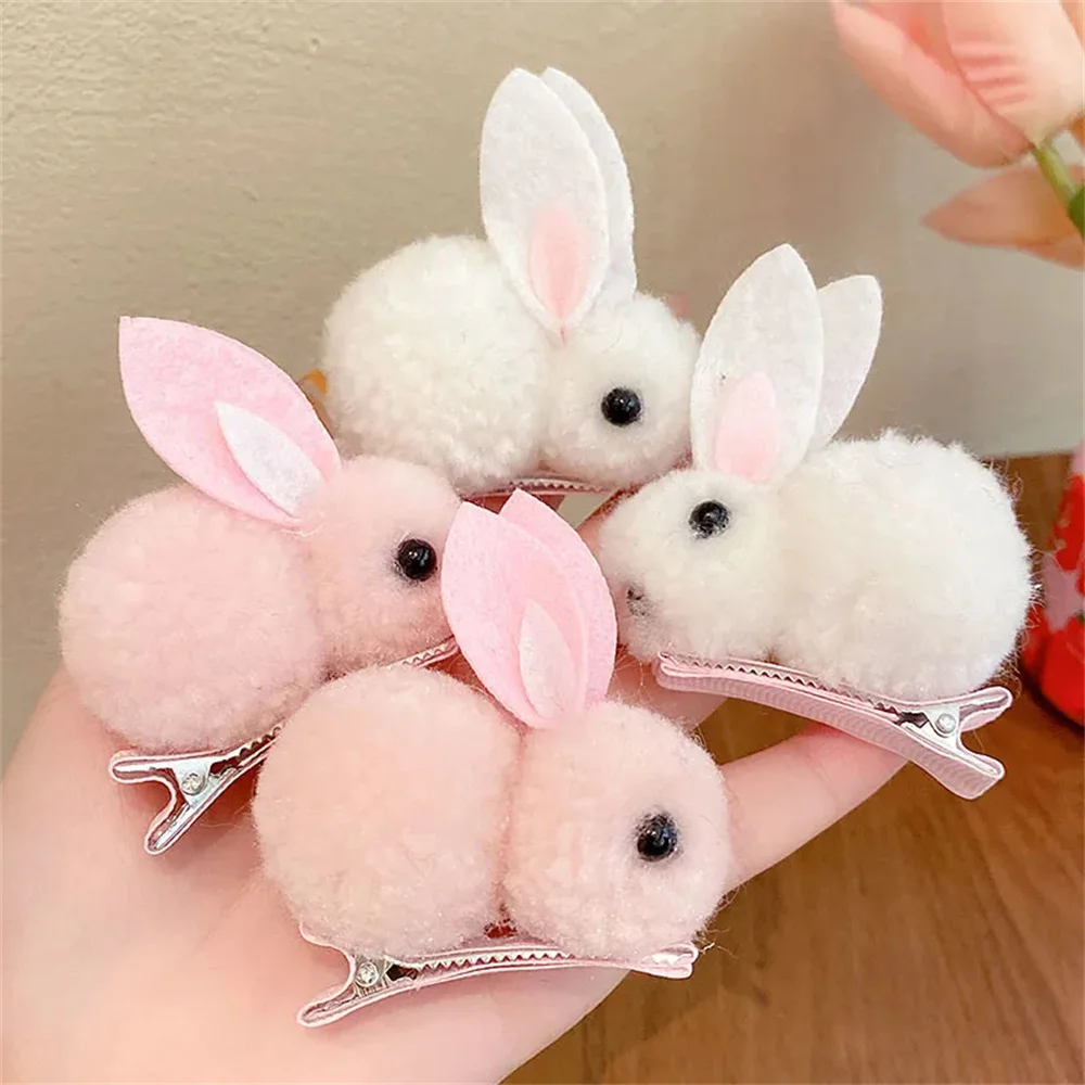 Cute Hair Ball Rabbit Hair Clip Children Girl Cartoon Animal Hairpins Korea Simple  Duckbill Clip Bangs Barrette Headwear