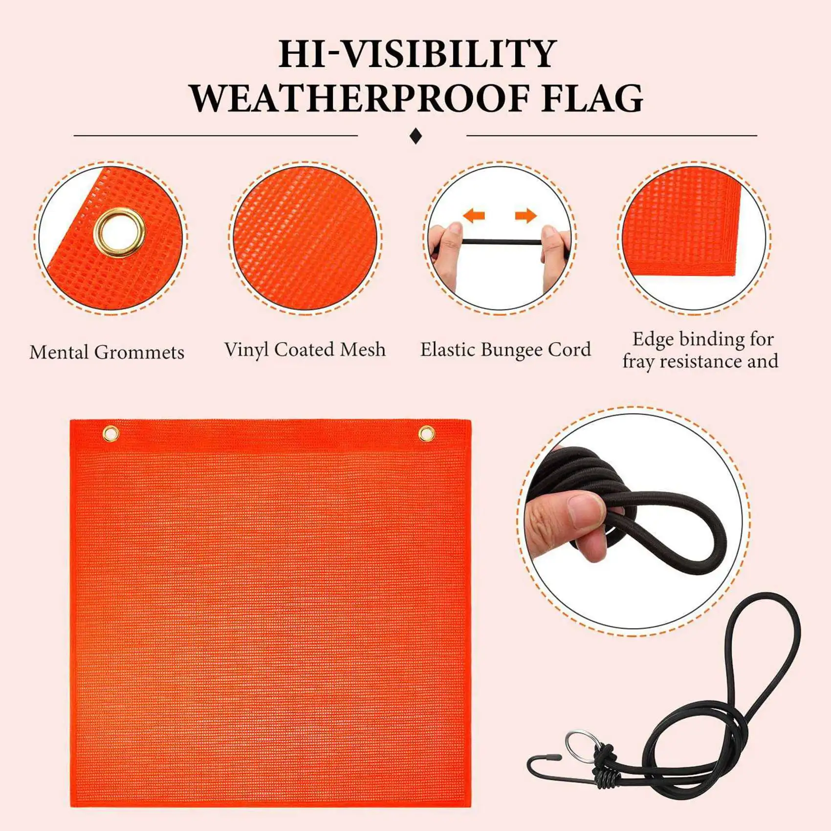 AEF6-8Pcs 18X18 Inch Mesh Safety Flags Orange Warning Flag Bungee Safety Flag Good Visibility Weatherproof Flag With Grommets