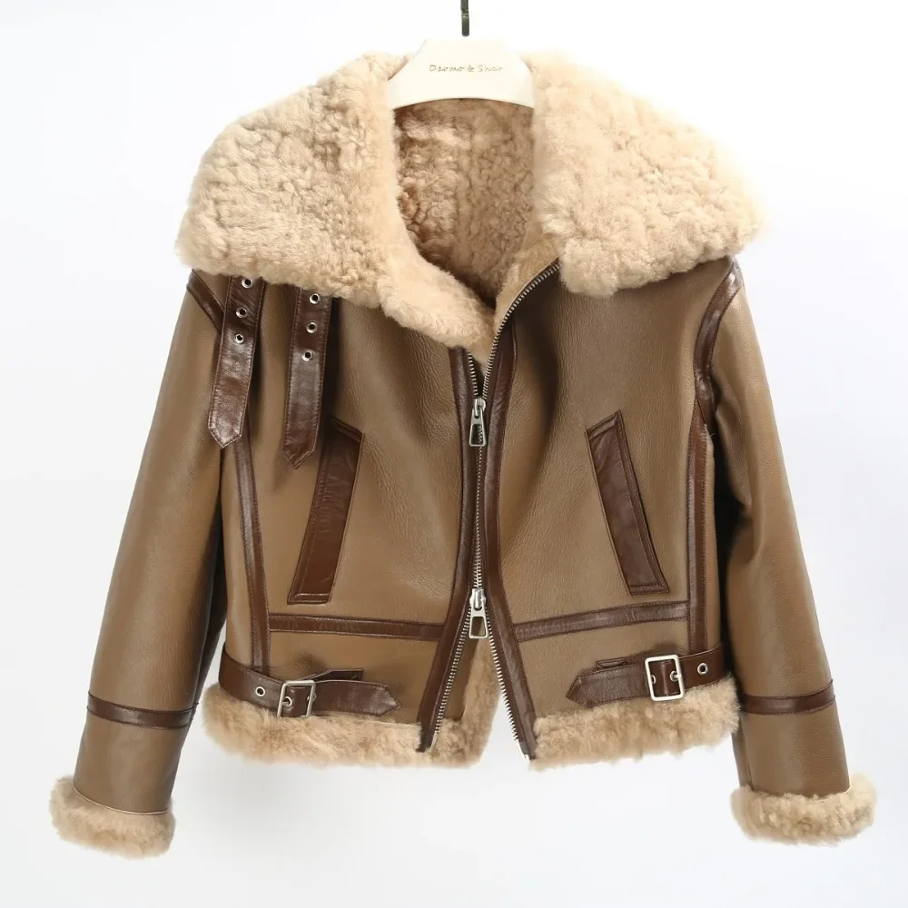 Wholo Leather Bazaar Nature Lamb Real Fur Coat Short Warm Coats Women\'s Motorcycle Leather Jackets 2024 Winter Jacket Women