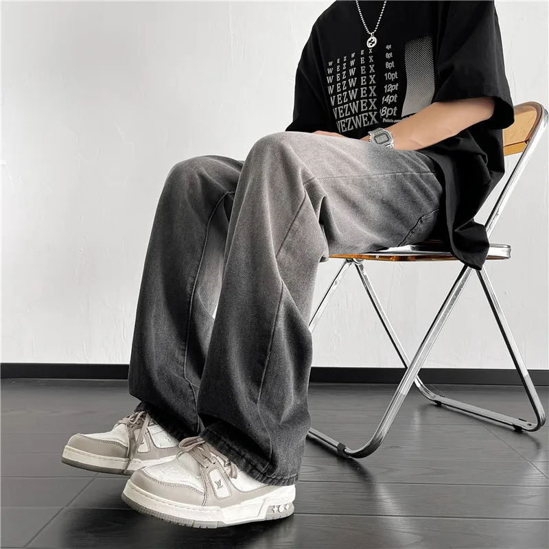 

Мужские свободные повседневные потертые джинсы, осенние отбеленные прямые джинсы с карманами на молнии, джинсовые брюки полной длины