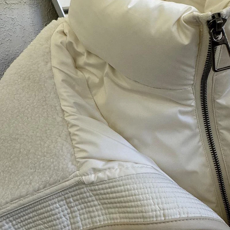 المرأة طوق الضأن المرقعة معطف منتفخ 2025 شتاء جديد قصير أسفل القطن ملابس خارجية طويلة الأكمام الدافئة الخصر سترة بسحاب عادية #5