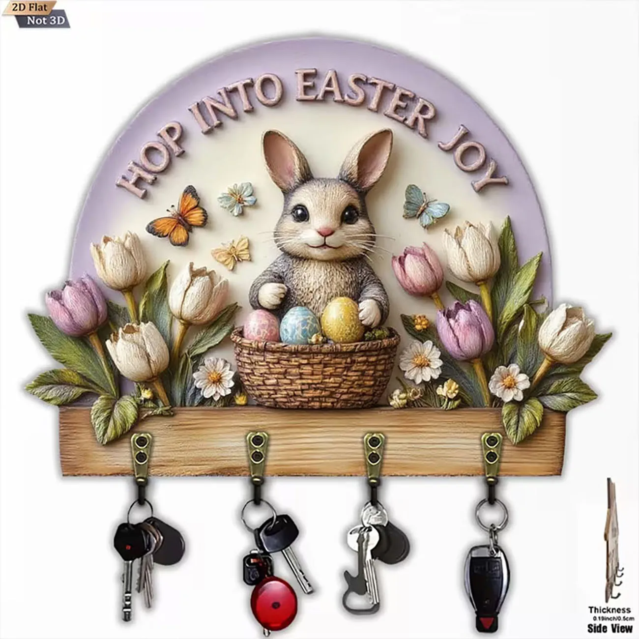 2D flat Easter key holder with bunny and tulips print, four hooks, Hop Into Easter Joy spring wall decor.