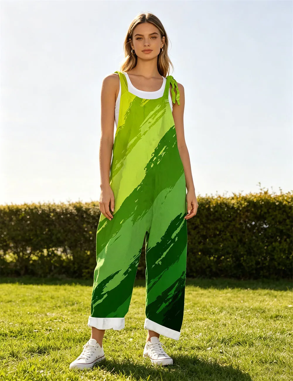 2026 Women's new green diagonal gradient printed comfortable jumpsuit, off shoulder sleeveless loose jumpsuit