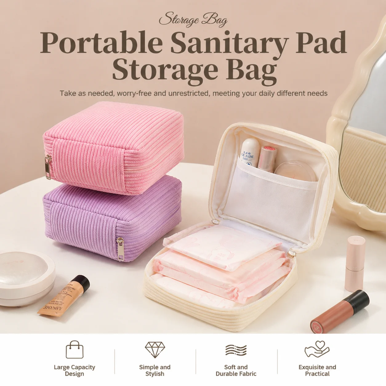 Mini Necessaire, Bolsa de Emergência Estética, Bolsa de Cosméticos Pequena, Bolsa de Maquiagem em Corduroy para Mulheres