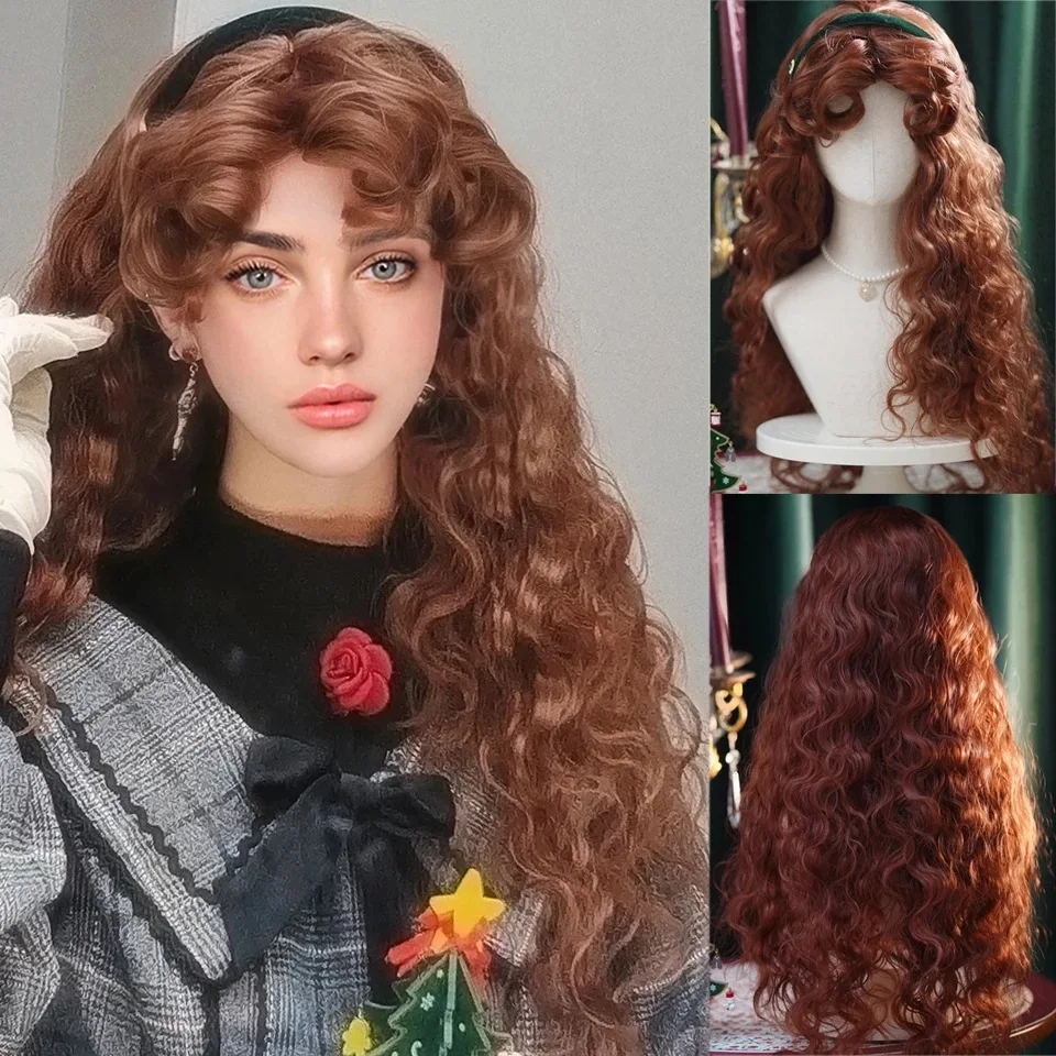 Wig sintetis Cosplay merah muda bergelombang panjang Halloween Lolita dengan poni untuk Wig pesta dailyly tahan panas