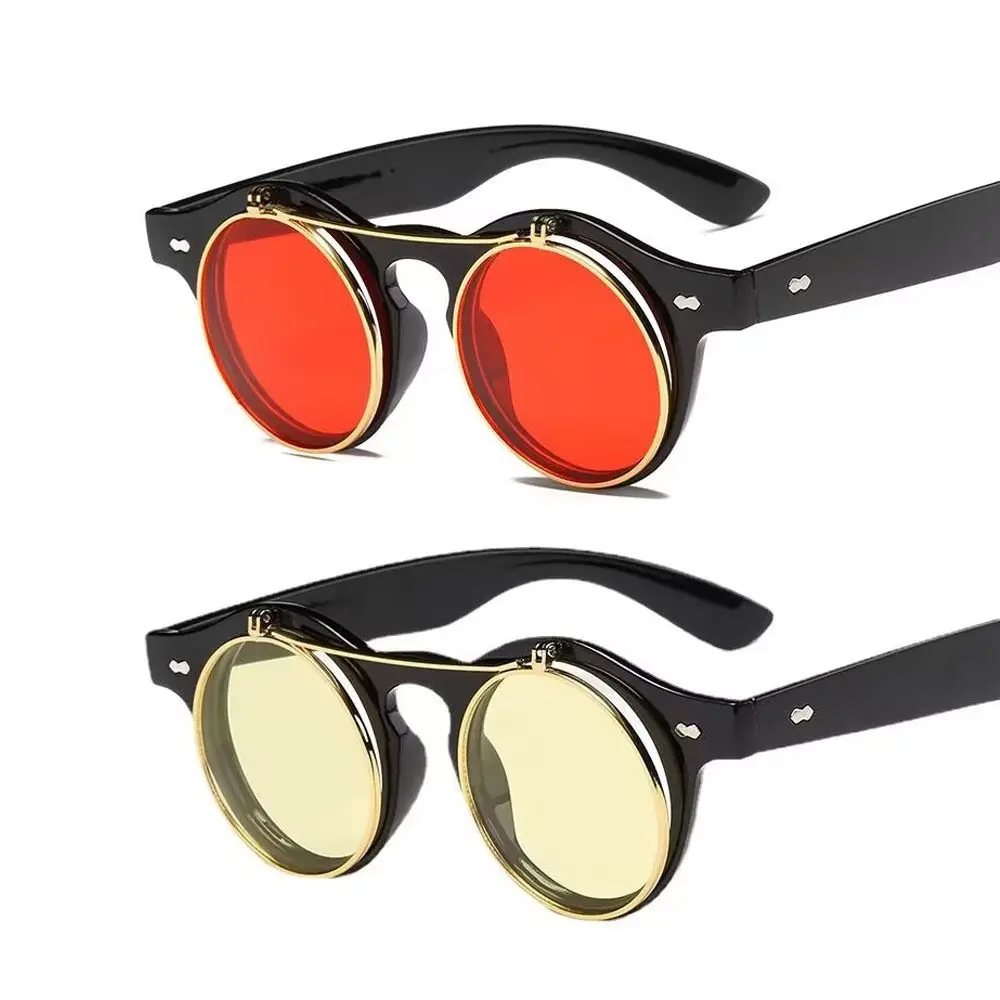 

Retro Round Frame Flip Cover Sunglasses Sun-Protective Double Layer Driving Glasses Eyewear Punk Black Shades Glasses