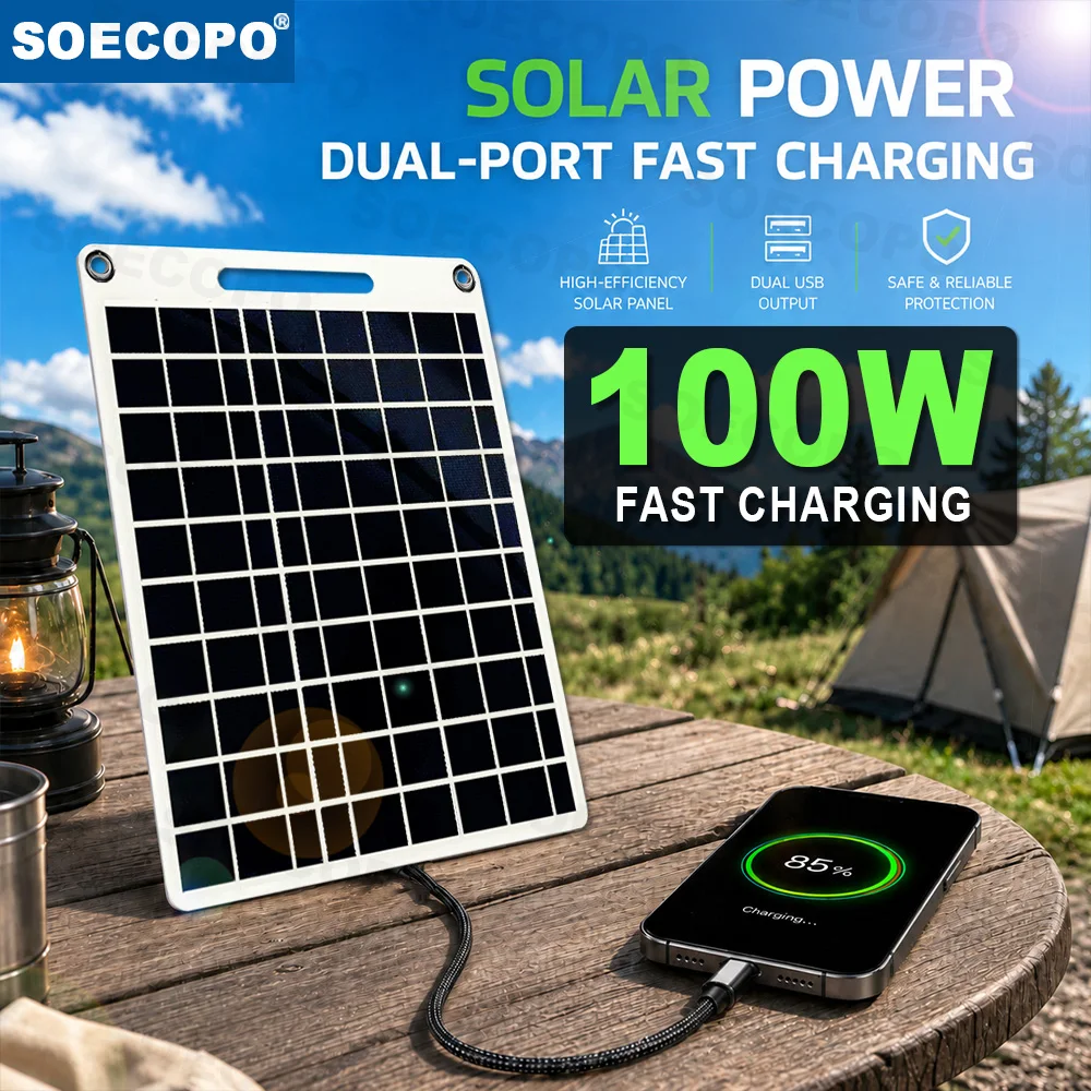 High-Efficiency 100W Solar Charger: Dual Smart USB Ports, IPX4 Waterproof, Compact Foldable Design for Phones, Lights & GPS