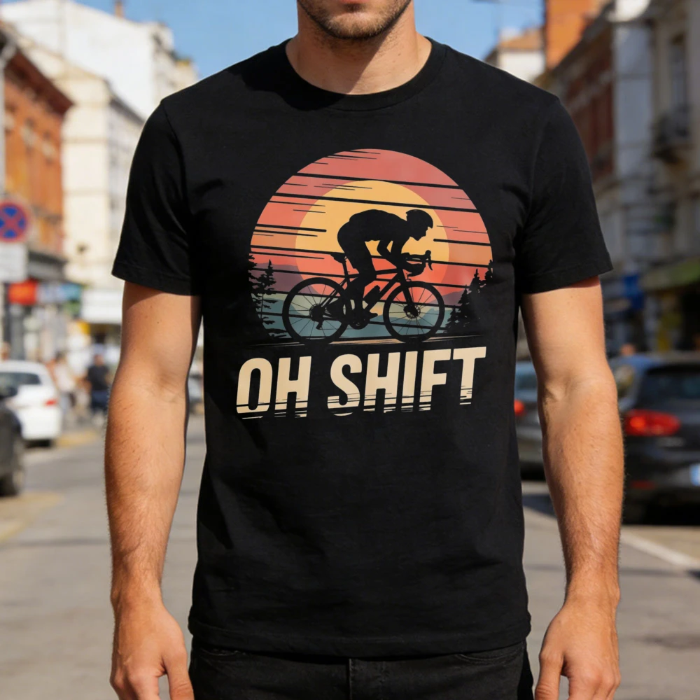 Bicycle Rider Sunset Oh Shift Men T-Shirt Casual Vintage Style Summer Unisex Outdoor Cycling Gift for Bike Lovers Clothes