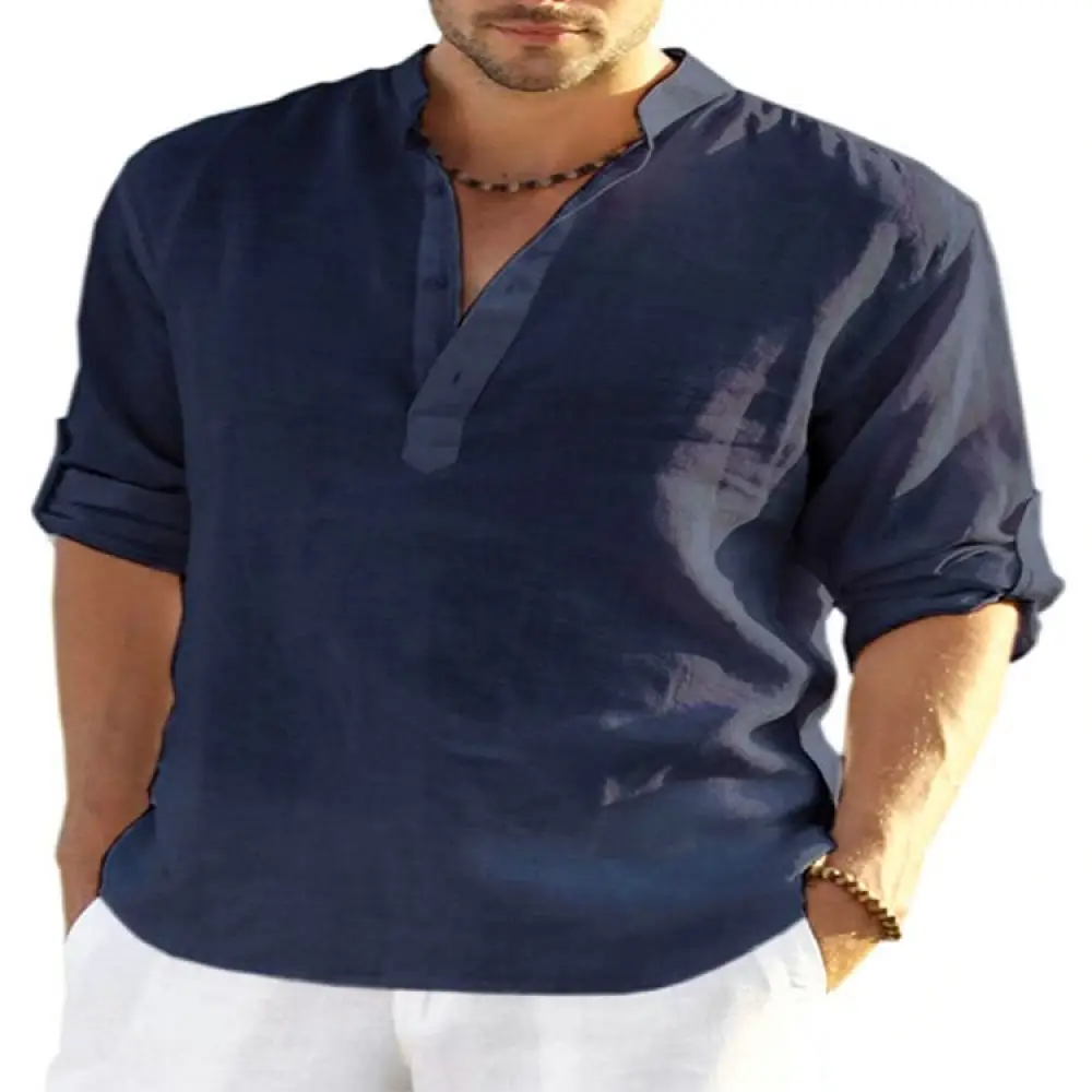 Mens Long Sleeve Linen Shirt Casual Stand Collar Solid Color Soft Breathable Loose Fit Pullover Style Spring Autumn Top