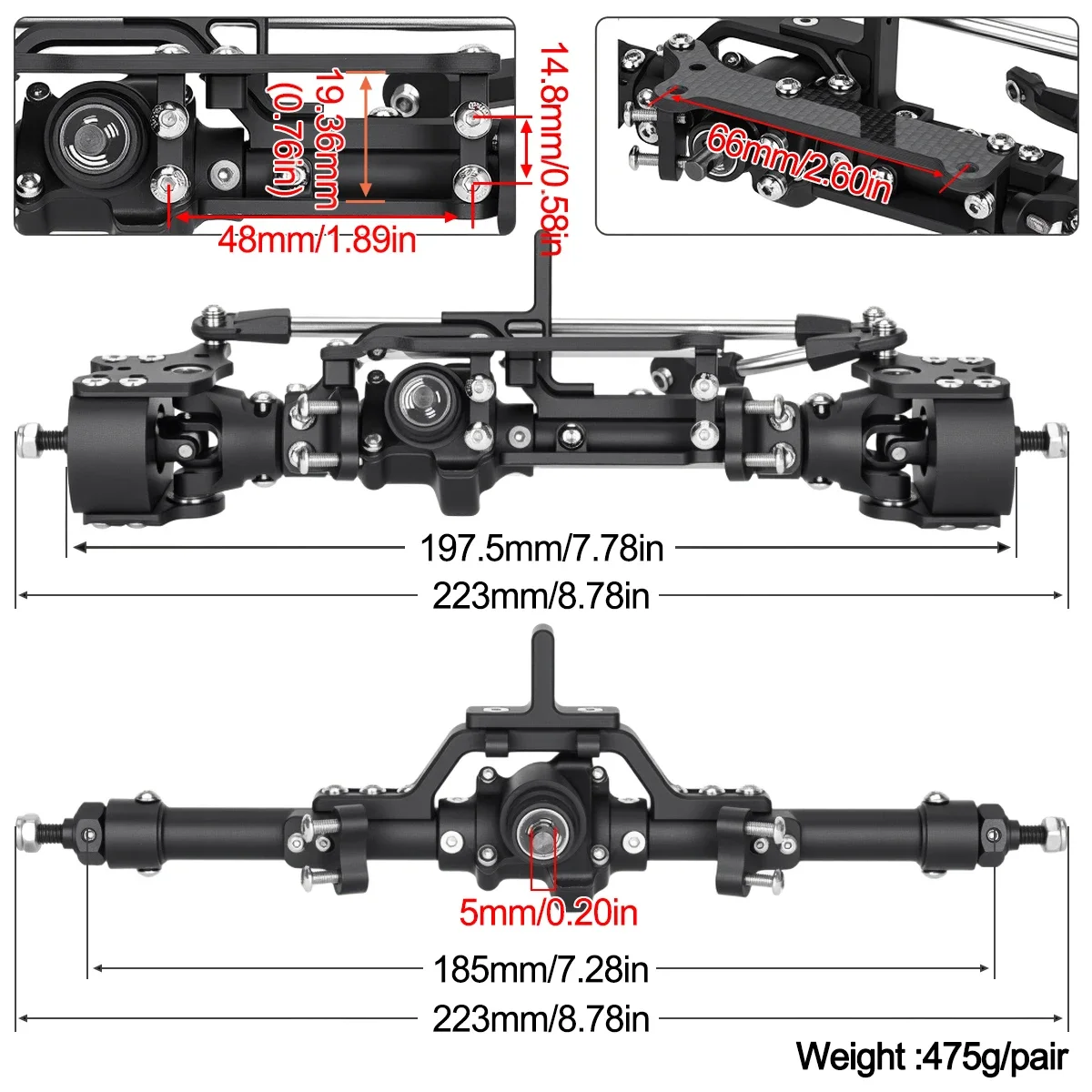 50°+ 4WS Portal Axle Set for All 1/10 Crawler Upgrades – CNC Aluminum, Low CG Mount, Carbon Servo Mount, Adj. Caster
