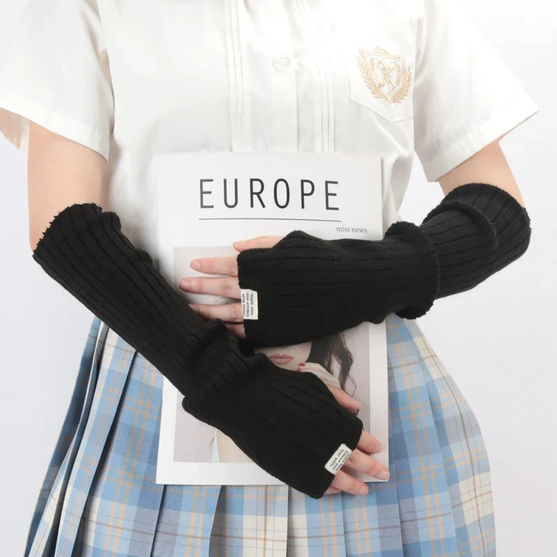 Women Y2K Fashion Fingerless Mittens White Black Cosplay Anime Gloves Winter Arm Warmers Gothic Harajuku Knit Mitten Arm Sleeves