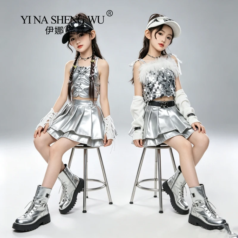 silver-hip-hop-clothing-sequin-crop-camisole-tank-cardigan-top-pleated-mini-skirt-for-girls-jazz-dance-costumes-clothes