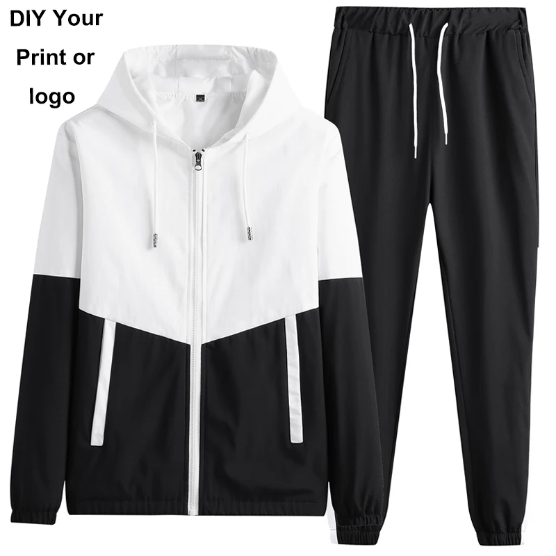 Men Logo Customized Tracksuit Casual Joggers Hooded Sportswear Jackets and Pants 2 Piece Sets Hip Hop Running Sports Suit
