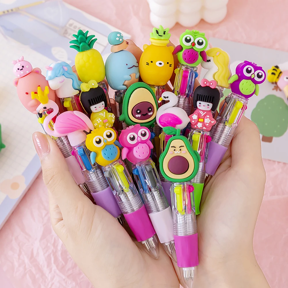 2Pcs Cute Cartoon Animal 4 Colors Mini Multicolor Ballpoint Pen Stationery Student Gifts Office School Writing Kawaii Supplies