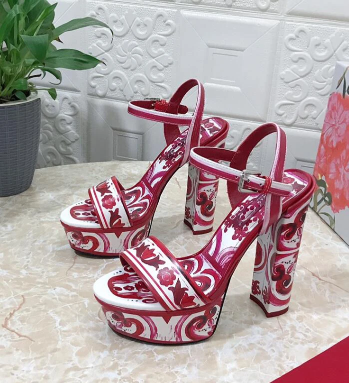 Chunky Heel Platform Printing Flower Women Summer Sandal Shoes Ankle Strap Genuine Leather Luxury 2023 New Designer Shoe