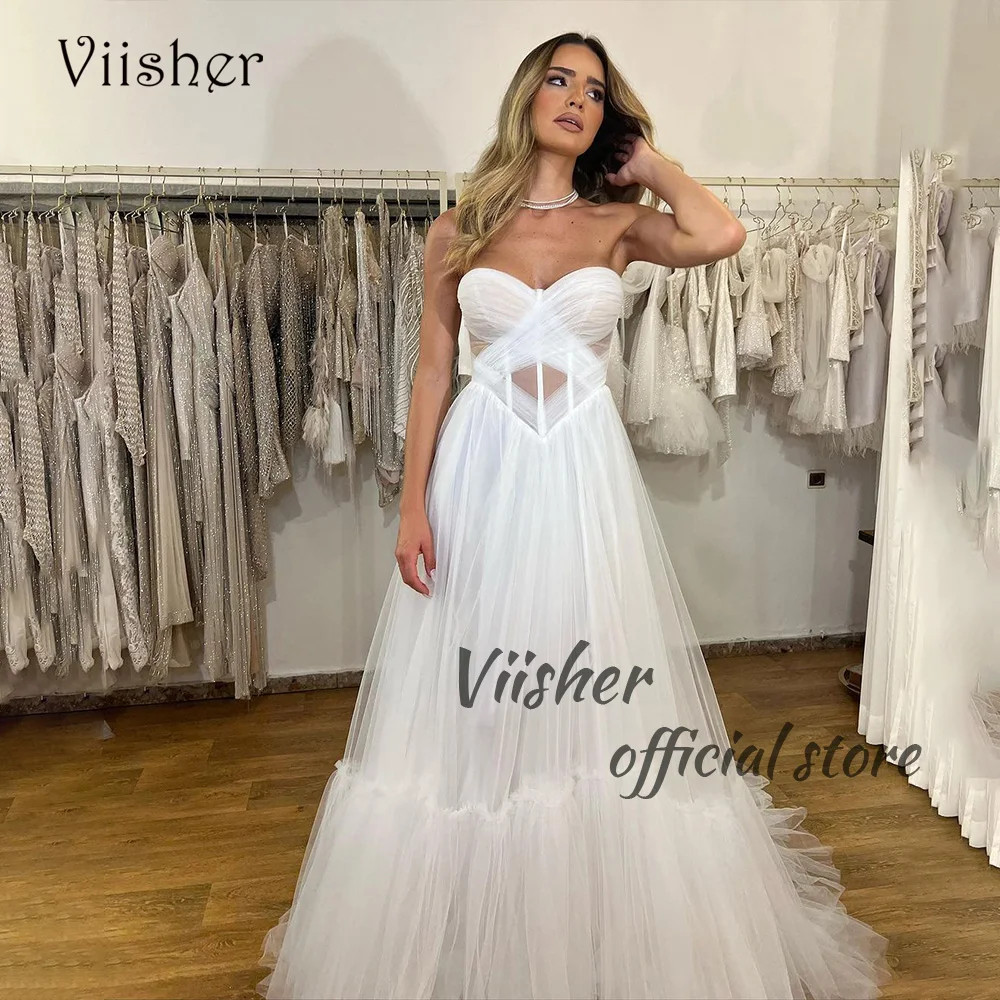 

Viisher White Tulle A Line Wedding Dresses Bone Corset Sweetheart Beach Bride dress with Train Long Boho Bridal Gowns