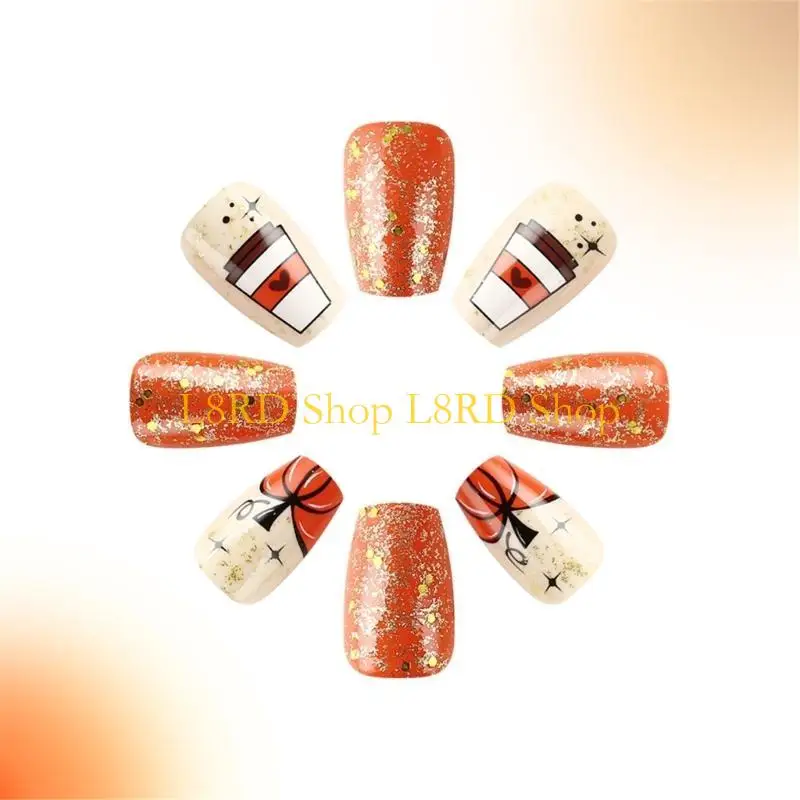 L8RD Thanksgiving Press on Nails Short Almond Glossy Full Cover Fall False Nails with Pumpkin Designs on 24Pcs