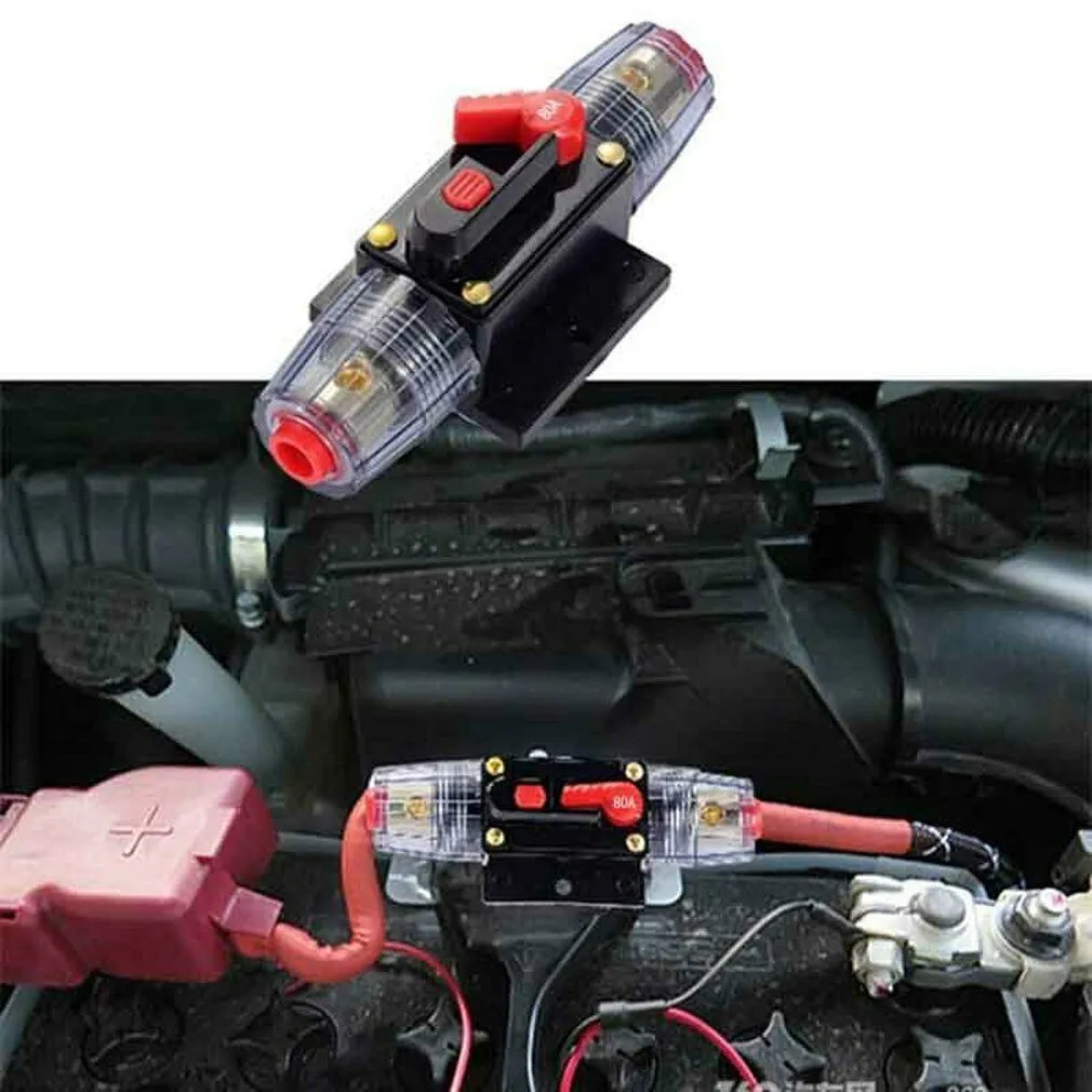 Car Audio Circuit Breaker Fuse Holder 12V 24V DC Inline Protector for Overcurrent Manual for reset Function Fits 4/8 AWG Wiring