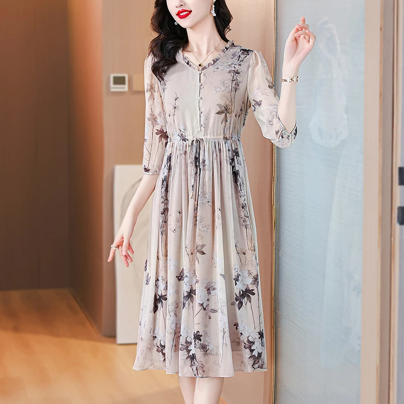 2024 Women Boho Beach Floral Silk Casual Vestidos Summer Korean Fashion Elegant Maxi Dress New Korean Luxury Dance Party Dress