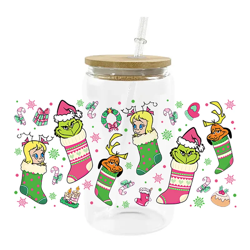 Miniso nuovo Design Cartoon Christmas UV DTF Santa Decal Wrap per 16oz Libbey Glass Can Cup uvdtf Coffee Car Sticker fai da te