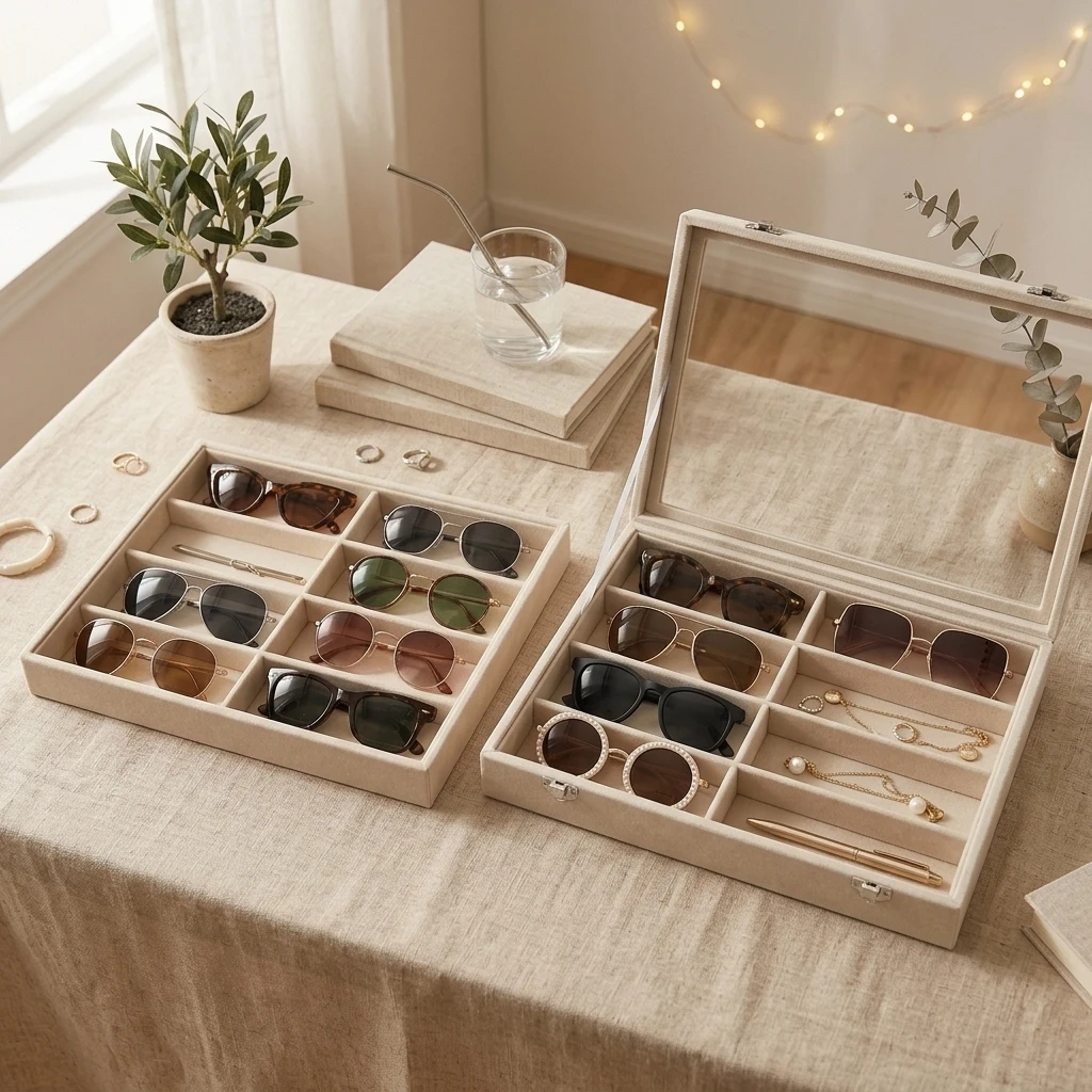 1Pcs Velvet Sunglasses Organizer 8 Grids Multi-functional Storage Tray for Glasses, Jewelry Rings, Necklaces, Bracelets, Watches