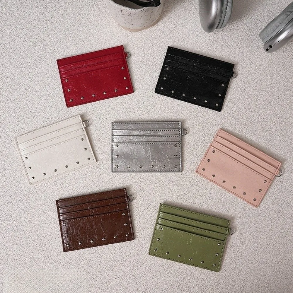 Compact Ultra Thin Cracked Leather Card Wallet Mini Size Multiple Slots Rivet Card Holder Solid Color PU Coin Purse Business