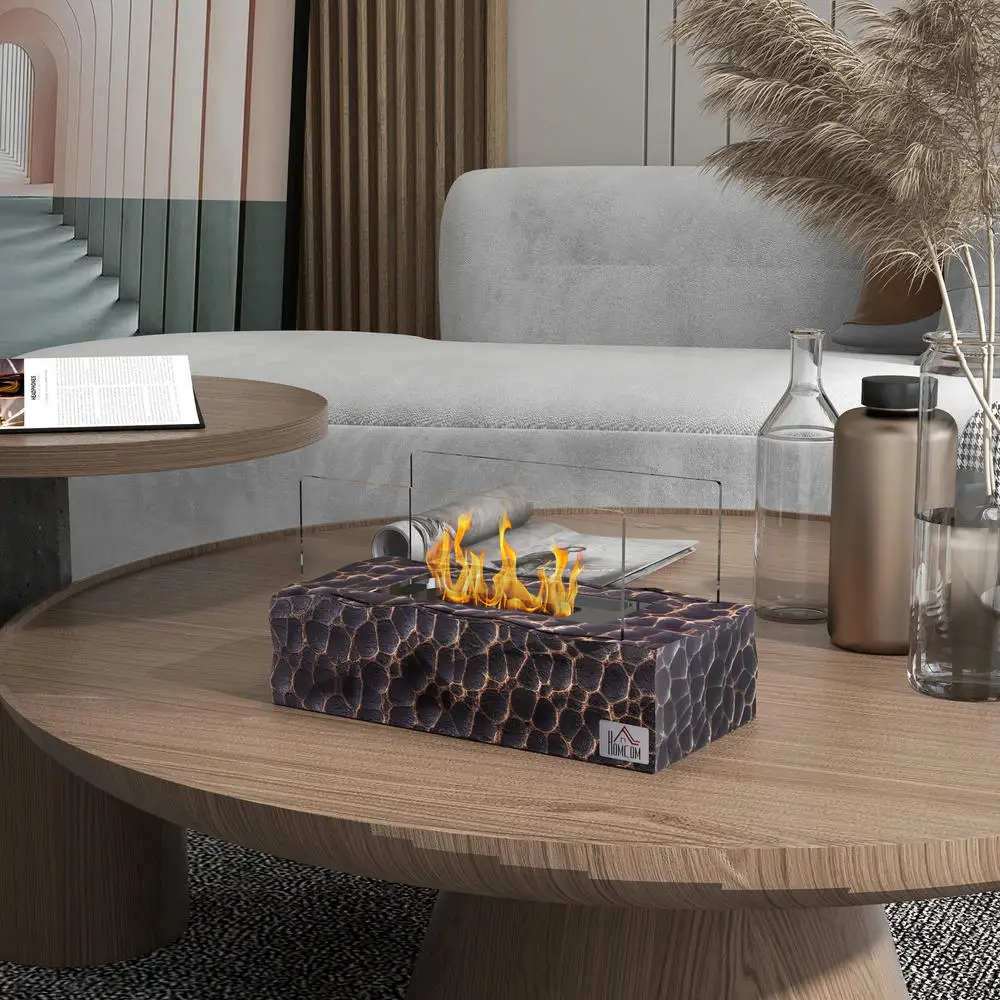 Afbeelding 4: Biokachel voor op tafel met 1,15L brander en een brandduur van 30-45 min., Biokachel met glazen paneel en blusknop, 33x16x18cm, Zwart