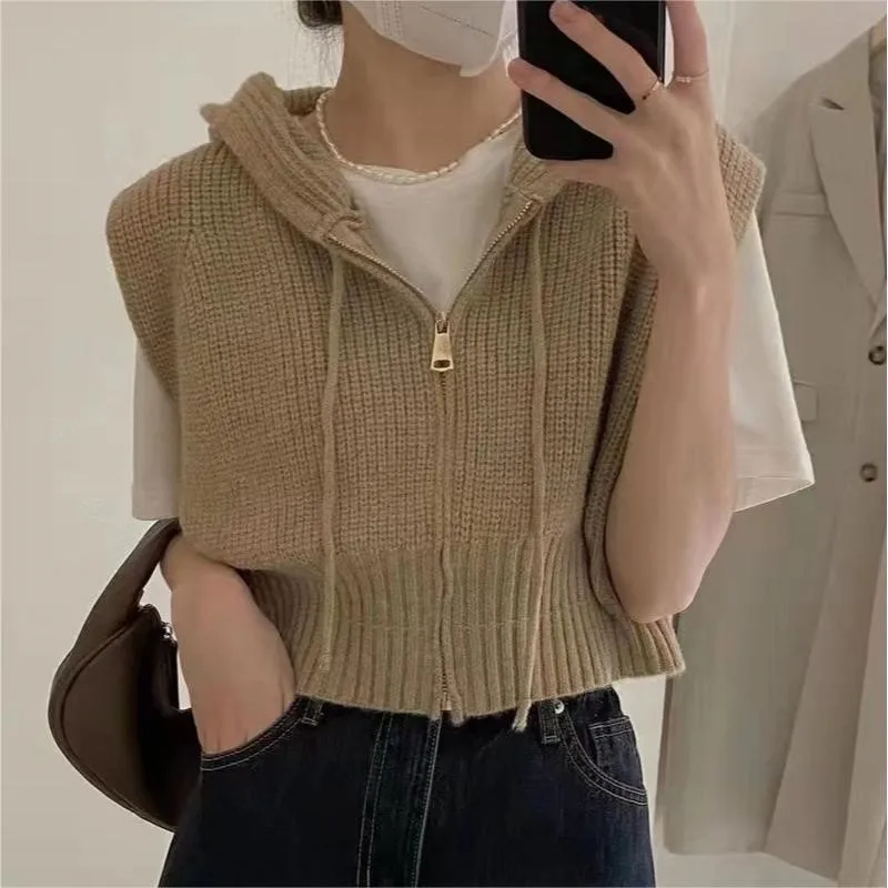 Hooded Sweater Vest kpop zipper knitted cardigan loose women Sleeveless Jumper Tops knitwears womens clothing y2k coat NS5926