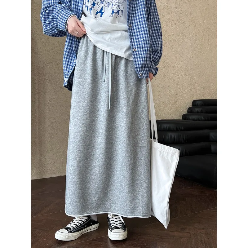 Women Korean Style Fashion Minimalist Casual Gray Black Sweatshirt A-Line Maxi Skirt Spring Fall Elastic Waist Loose Long Skirts