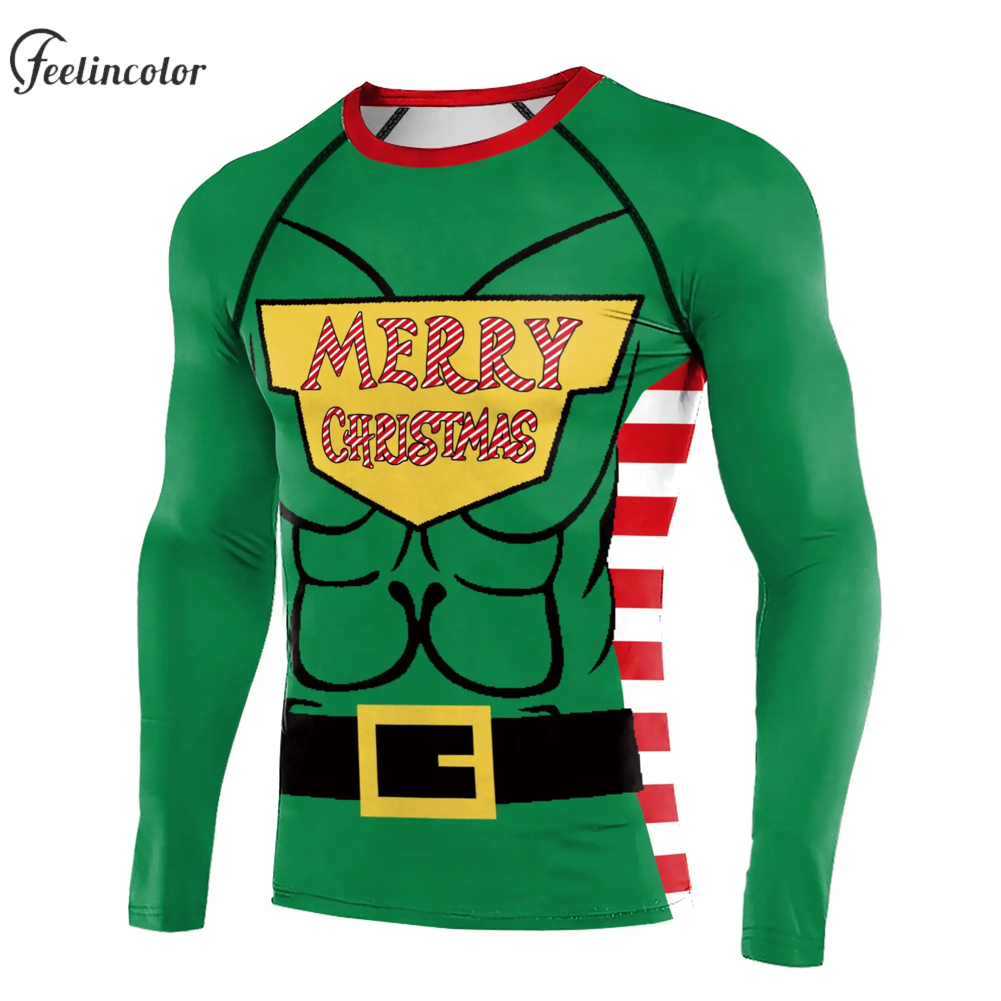 

Elf Merry Christmas Compression Shirts for Men Santa Claus Muscle Long Sleeved T-shirts Quick Drying 3D Digital Print Top Gifts