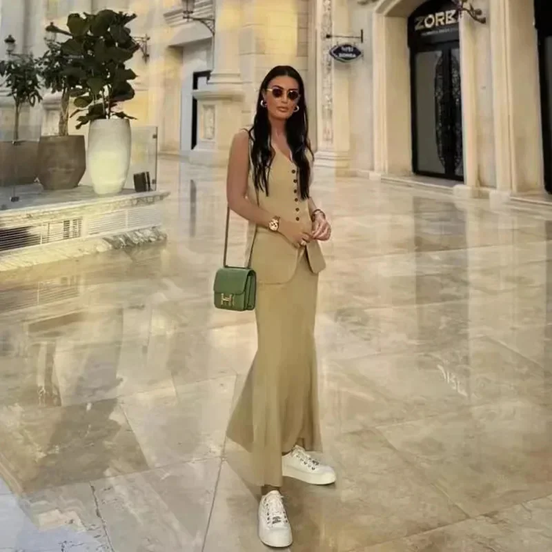 Elegant Single Breasted Vest Skirt Set Women Fashion Sleeveless Slim V Neck Top Suit Sexy Solid High Waist Straight Long Skirt